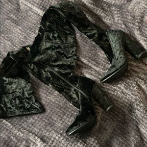 Black Crushed Velvet Thigh High Boots